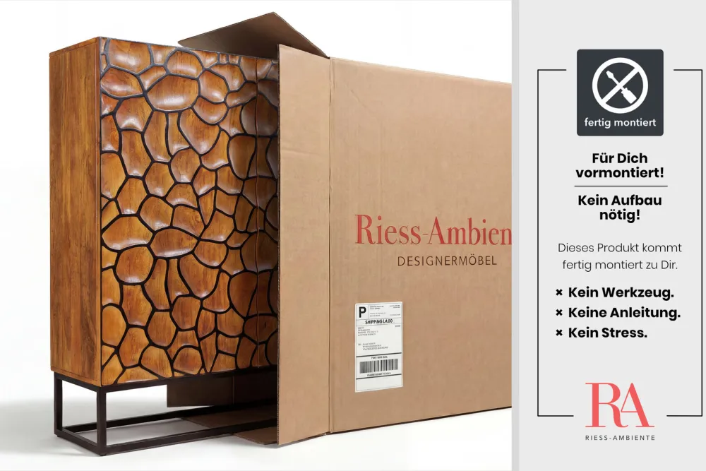 Riess-Ambiente Mehr...|Massivholzschränke > Massivholz Highboard VULCANO 120cm braun Mangoholz mit 3D Schnitzereien handmade Metallgestell schwarz