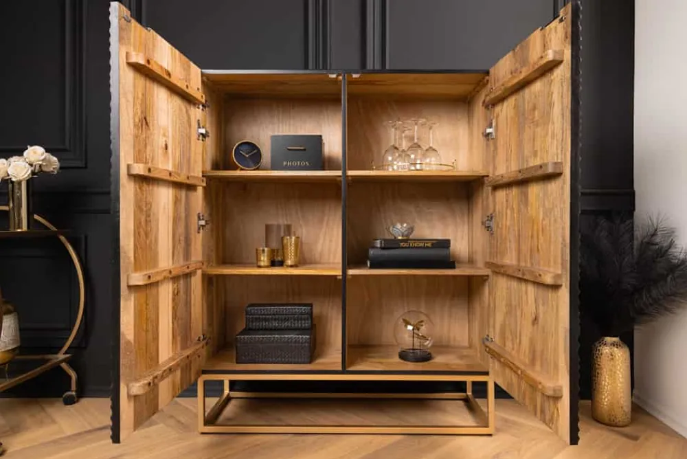 Riess-Ambiente Mehr...|Massivholzschränke > Massivholz Highboard ZEN CIRCLES 120cm weiß schwarz Mangoholz 3D-Design Metall gold