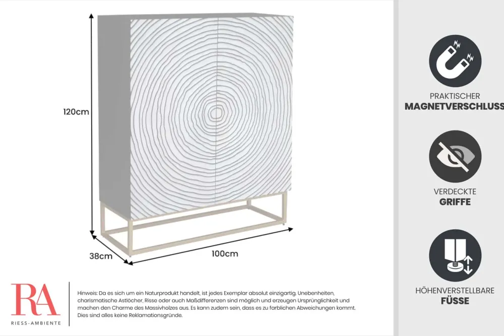 Riess-Ambiente Mehr...|Massivholzschränke > Massivholz Highboard ZEN CIRCLES 120cm weiß schwarz Mangoholz 3D-Design Metall gold