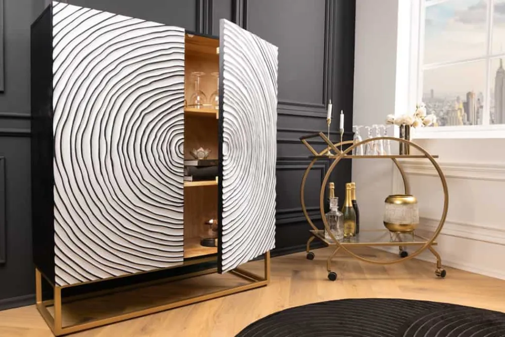 Riess-Ambiente Mehr...|Massivholzschränke > Massivholz Highboard ZEN CIRCLES 120cm weiß schwarz Mangoholz 3D-Design Metall gold
