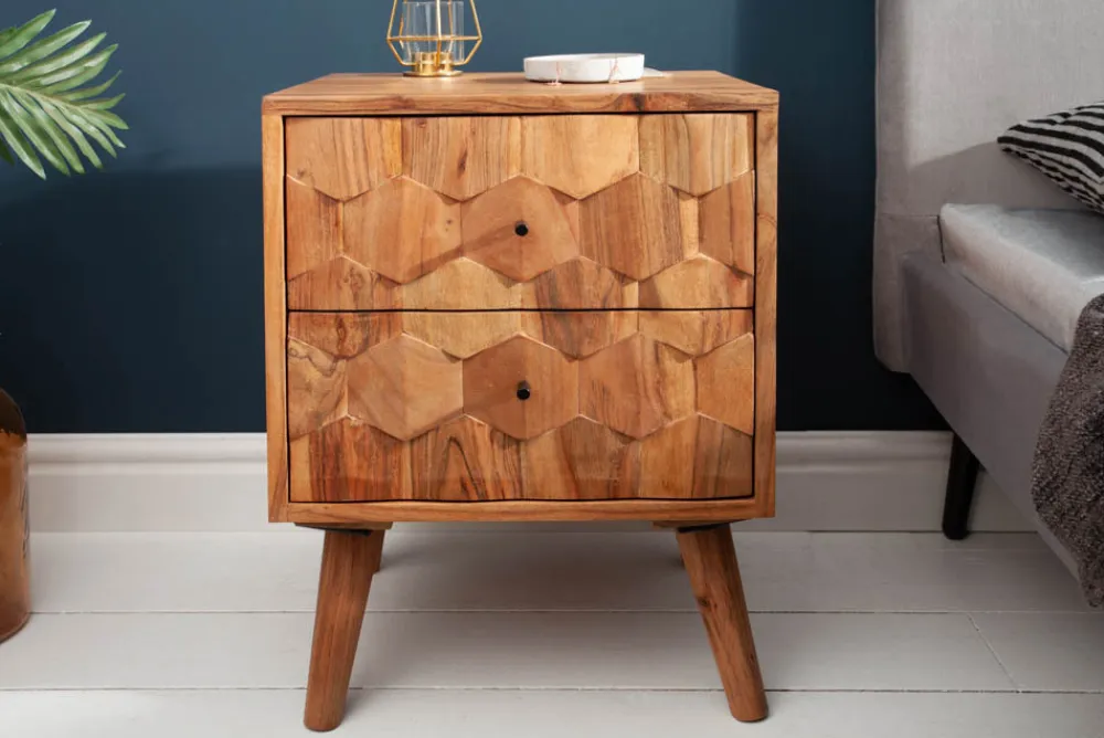 Riess-Ambiente Mehr...|Massivholztische > Massivholz Nachttisch MYSTIC LIVING 60cm Akazie natur 3D-Design mit Stauraum