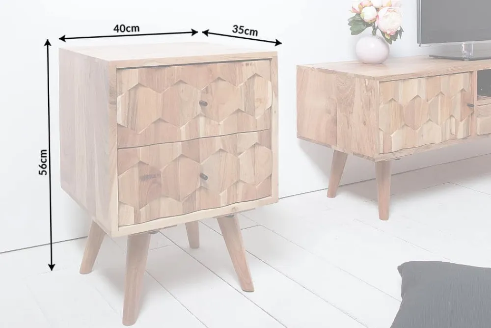 Riess-Ambiente Mehr...|Massivholztische > Massivholz Nachttisch MYSTIC LIVING 60cm Akazie natur 3D-Design mit Stauraum