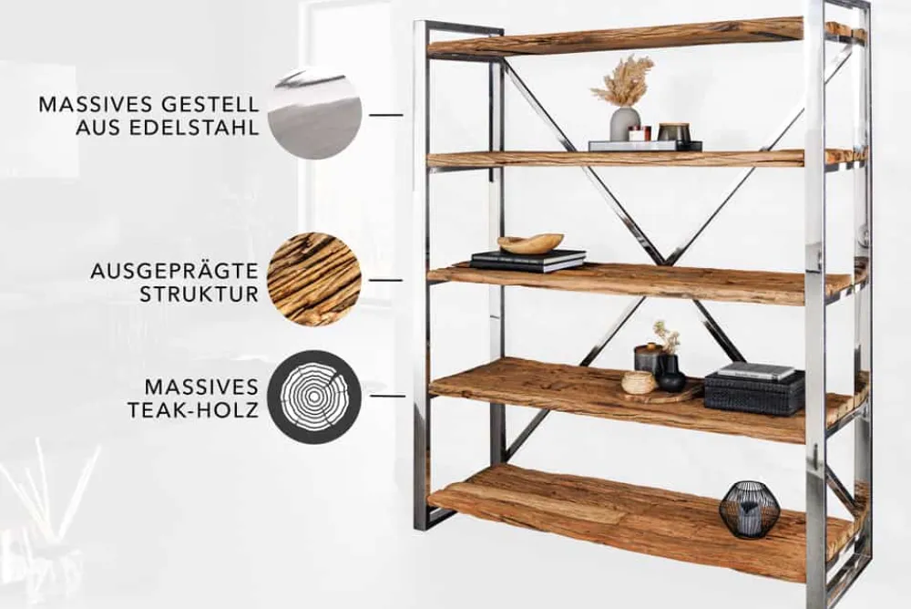 Riess-Ambiente Mehr...|Industrial Loft > Massivholz Regal BARRACUDA 185cm braun Teakholz silber Edelstahl verchromt Bücherregal