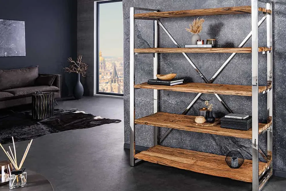Riess-Ambiente Mehr...|Industrial Loft > Massivholz Regal BARRACUDA 185cm braun Teakholz silber Edelstahl verchromt Bücherregal