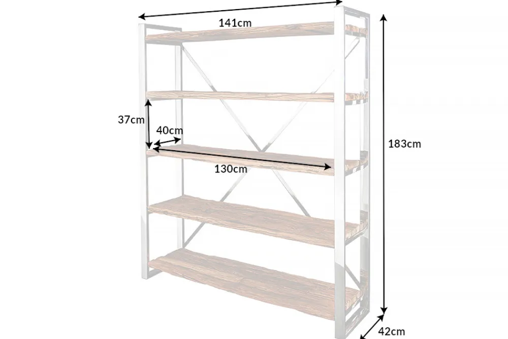 Riess-Ambiente Mehr...|Industrial Loft > Massivholz Regal BARRACUDA 185cm braun Teakholz silber Edelstahl verchromt Bücherregal