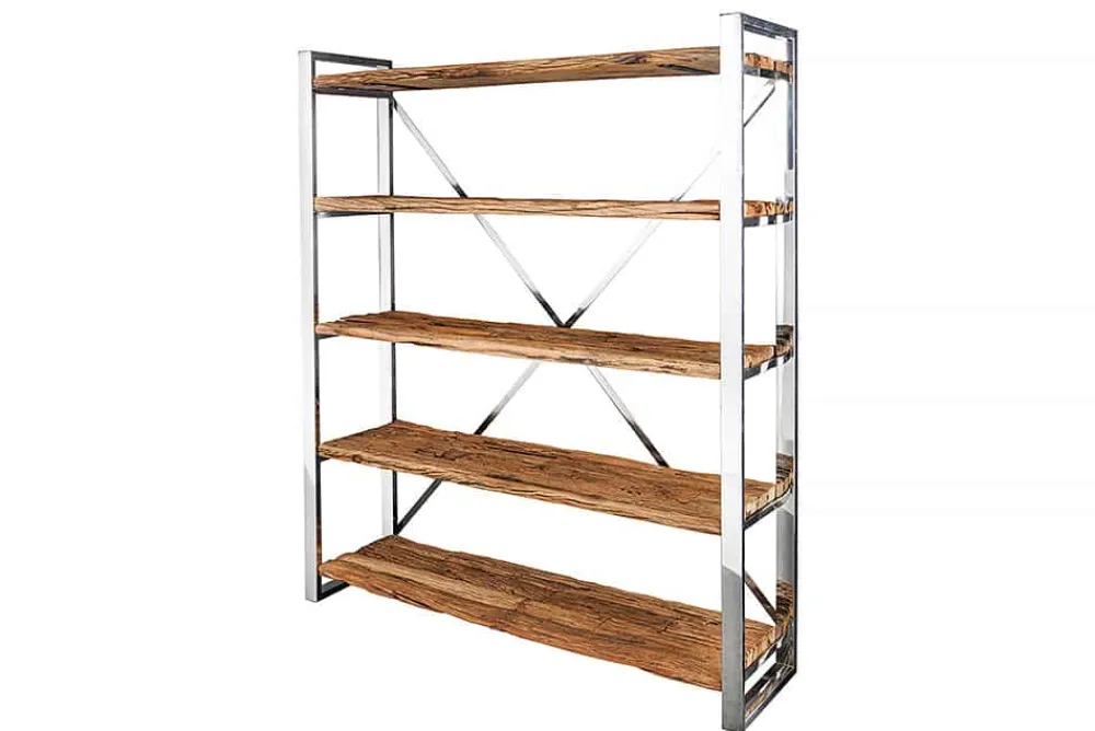 Riess-Ambiente Mehr...|Industrial Loft > Massivholz Regal BARRACUDA 185cm braun Teakholz silber Edelstahl verchromt Bücherregal