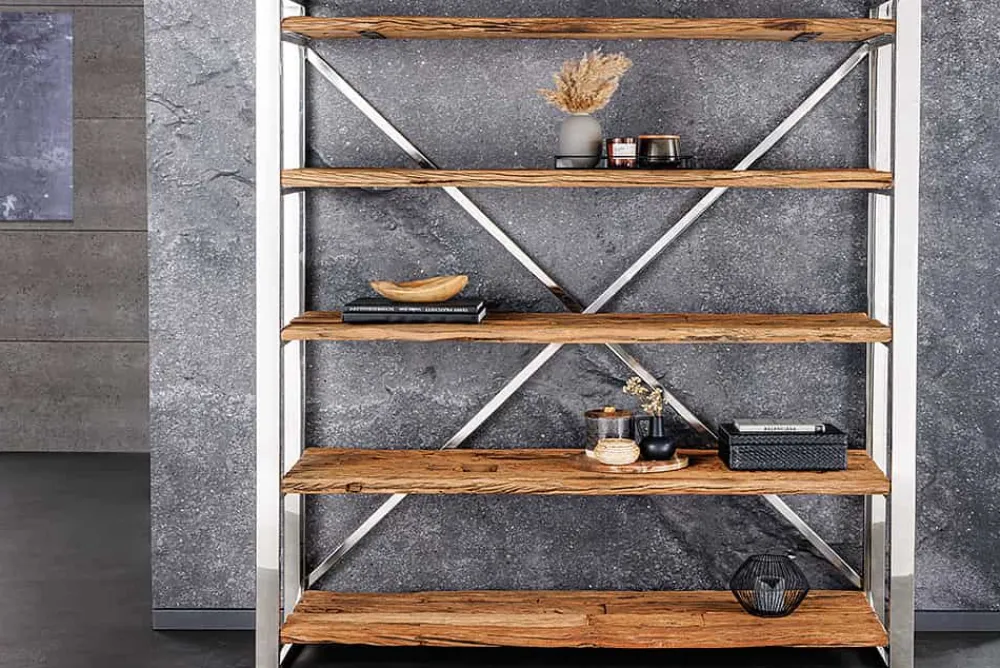 Riess-Ambiente Mehr...|Industrial Loft > Massivholz Regal BARRACUDA 185cm braun Teakholz silber Edelstahl verchromt Bücherregal