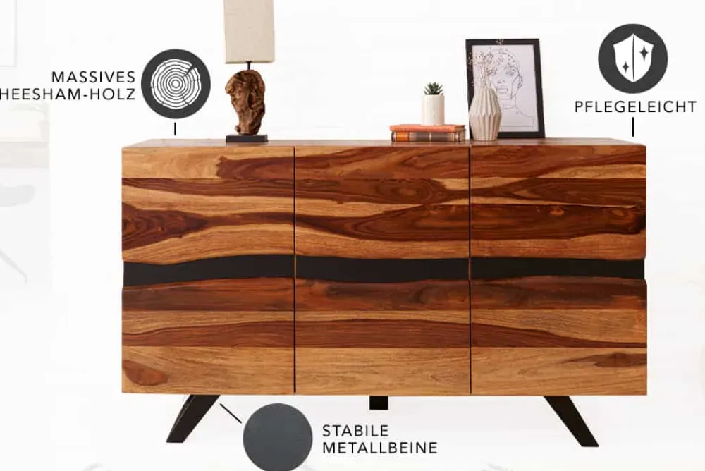 Riess-Ambiente Mehr...|Industrial Loft > Massivholz Sideboard AMAZONAS 150cm braun Sheesham Baumkante schwarzes Metallgestell
