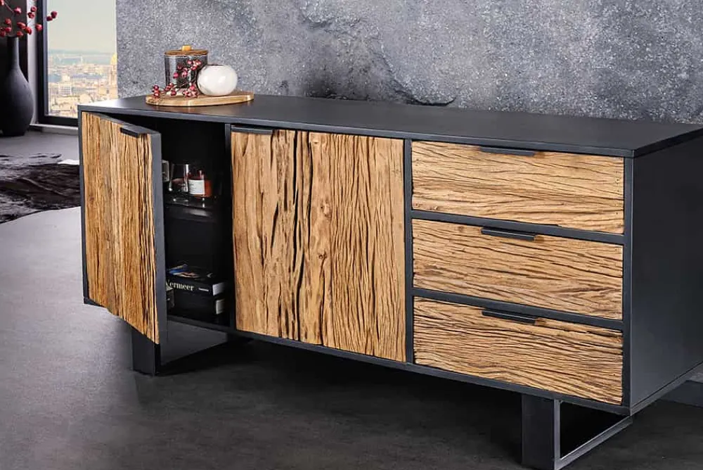 Riess-Ambiente Industrial Loft|Mehr... > Massivholz Sideboard BARRACUDA 150cm Teak Mango schwarz Metall recycelt