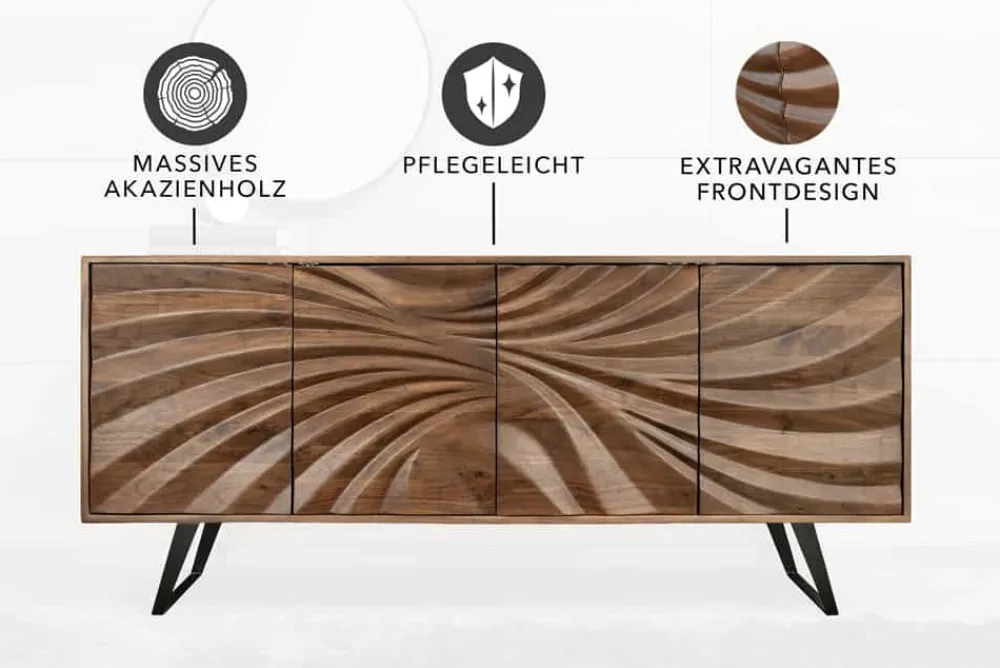 Riess-Ambiente Mehr...|Massivholzschränke > Massivholz Sideboard HURRICANE 175cm braun Akazie 3D-Design