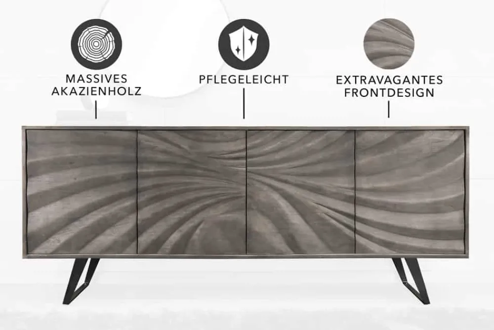 Riess-Ambiente Mehr...|Massivholzschränke > Massivholz Sideboard HURRICANE 175cm grau Akazie 3D-Design