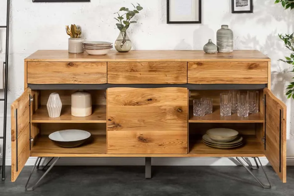 Riess-Ambiente Mehr...|Industrial Loft > Massivholz Sideboard LIVING EDGE 160cm Wildeiche Metall schwarz Baumkante mit Schubladen