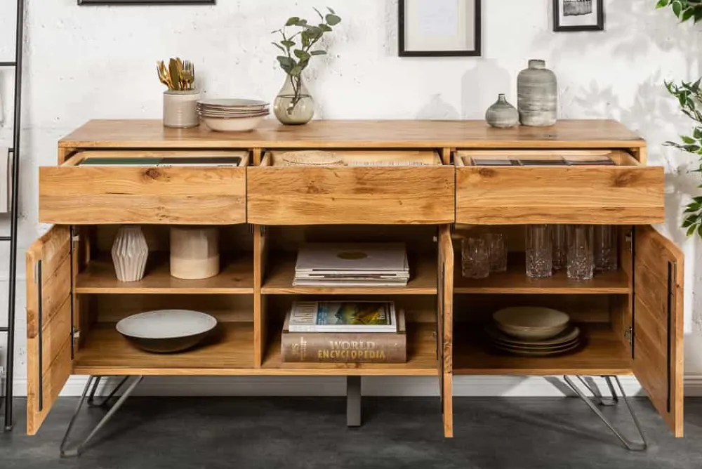 Riess-Ambiente Mehr...|Industrial Loft > Massivholz Sideboard LIVING EDGE 160cm Wildeiche Metall schwarz Baumkante mit Schubladen