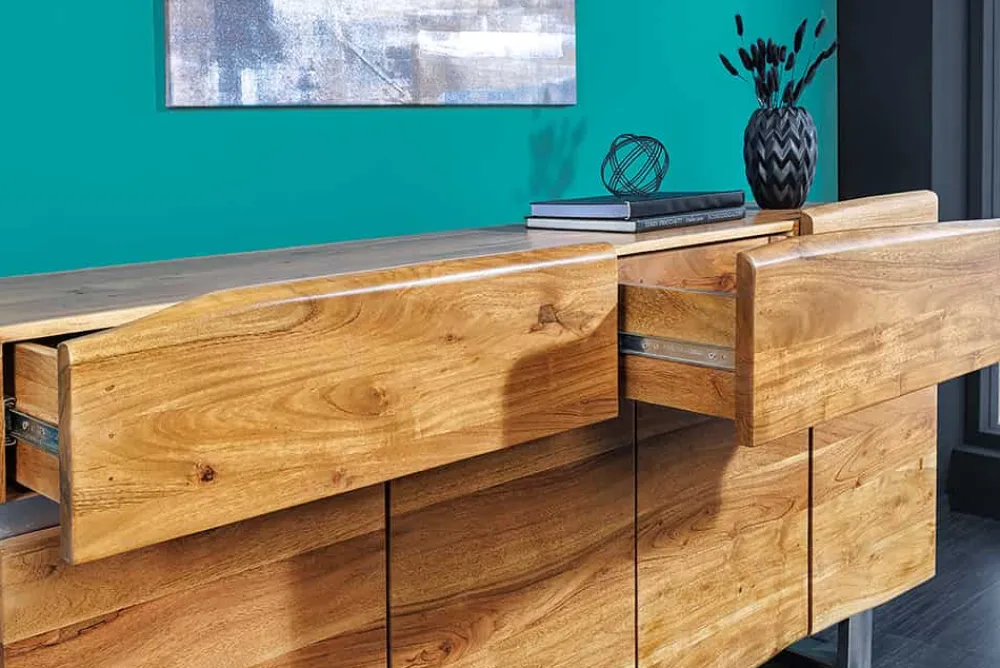Riess-Ambiente Mehr...|Industrial Loft > Massivholz Sideboard MAMMUT 170cm Akazie Baumkante mit Schubladen Kufengestell Edelstahl