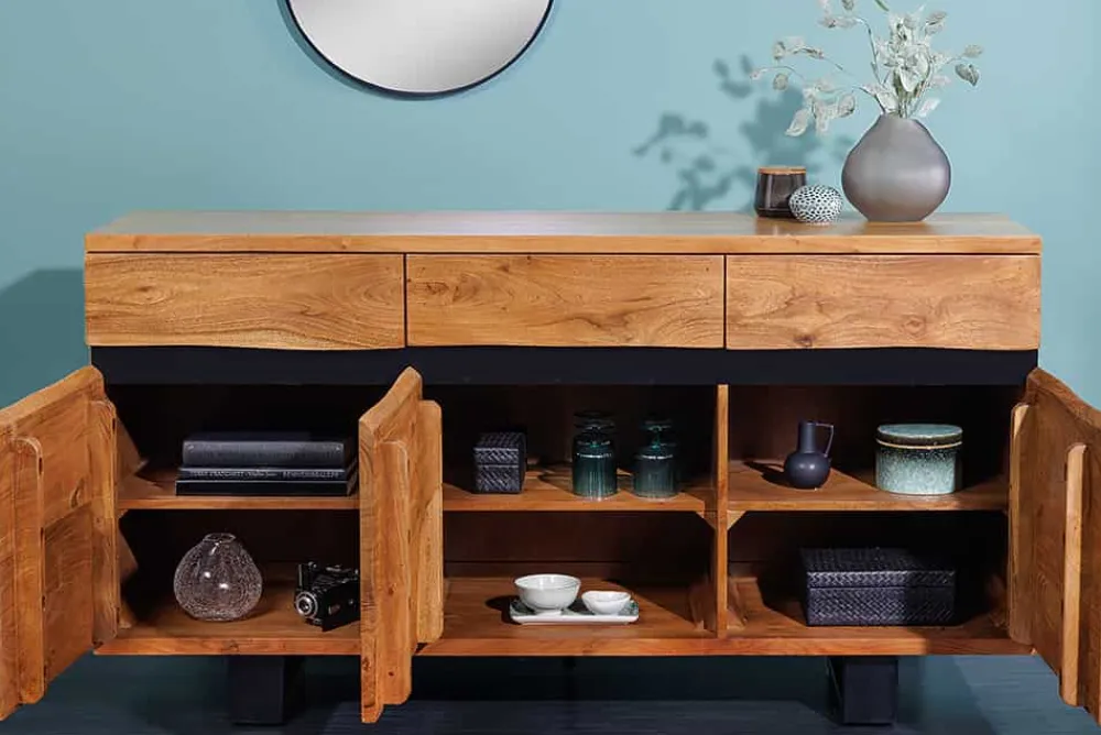 Riess-Ambiente Mehr...|Industrial Loft > Massivholz Sideboard MAMMUT 160cm Akazie honey finish Metall Baumkante mit Schubladen