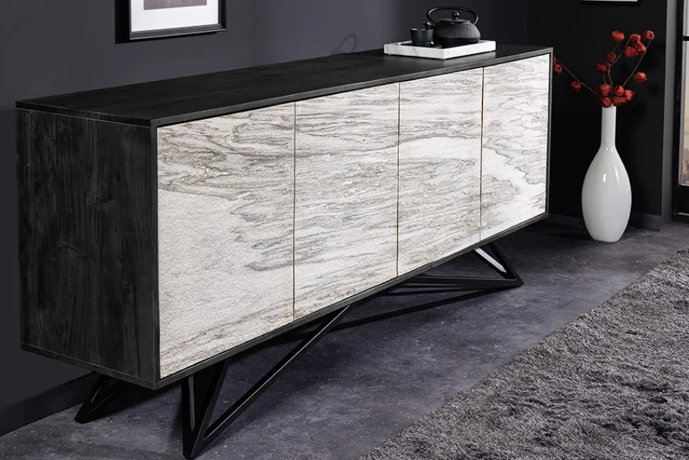 Riess-Ambiente Industrial Loft|Sideboards & Kommoden > Massivholz Sideboard MOUNTAIN SOUL 175cm weiß schwarz Akazie echter Naturstein