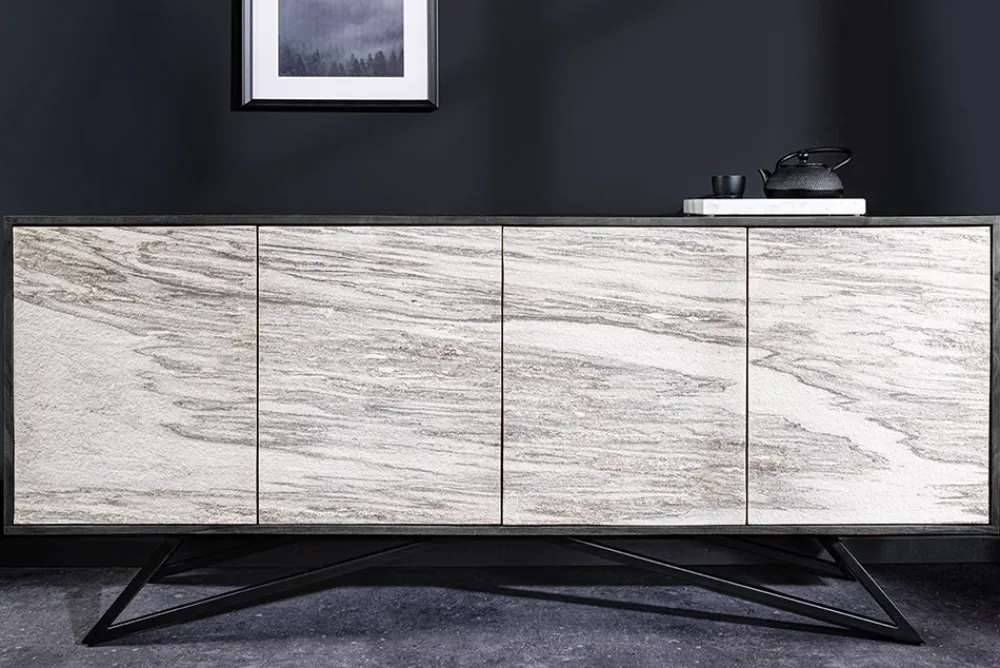 Riess-Ambiente Industrial Loft|Sideboards & Kommoden > Massivholz Sideboard MOUNTAIN SOUL 175cm weiß schwarz Akazie echter Naturstein