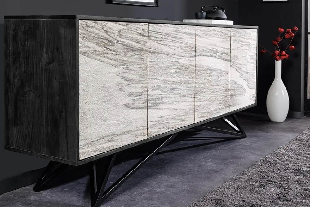 Riess-Ambiente Industrial Loft|Sideboards & Kommoden > Massivholz Sideboard MOUNTAIN SOUL 175cm weiß schwarz Akazie echter Naturstein