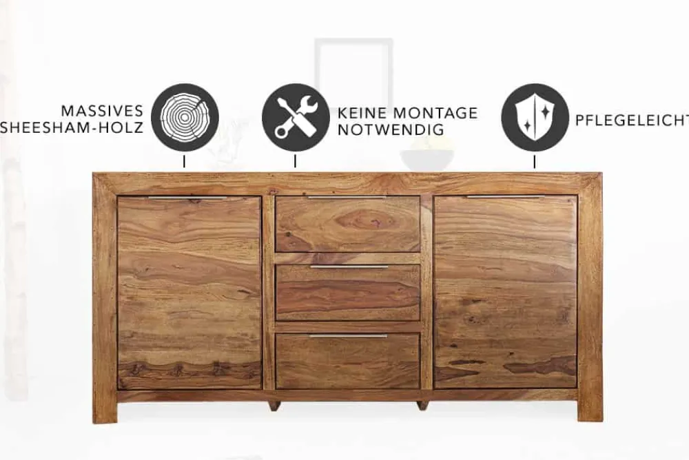 Riess-Ambiente Mehr...|Sideboards & Kommoden > Massivholz Sideboard PURE 135cm braun Sheesham stone finish Kommode mit Schubladen