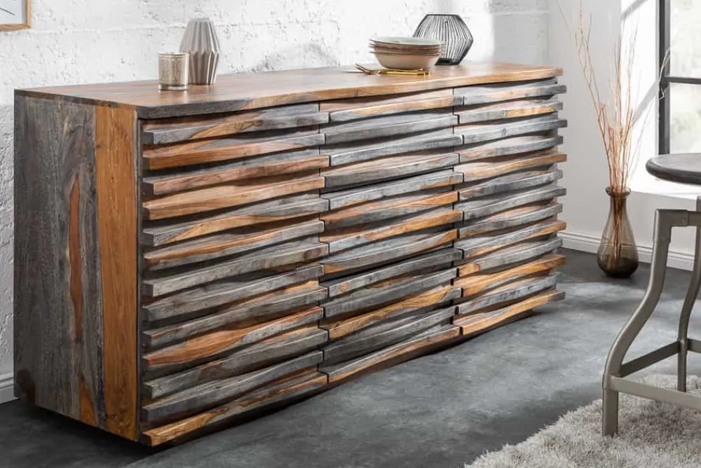 Riess-Ambiente Mehr...|Retro Möbel > Massivholz Sideboard RELIEF 160cm Sheesham grau smoke finish Kommode mit Schubladen