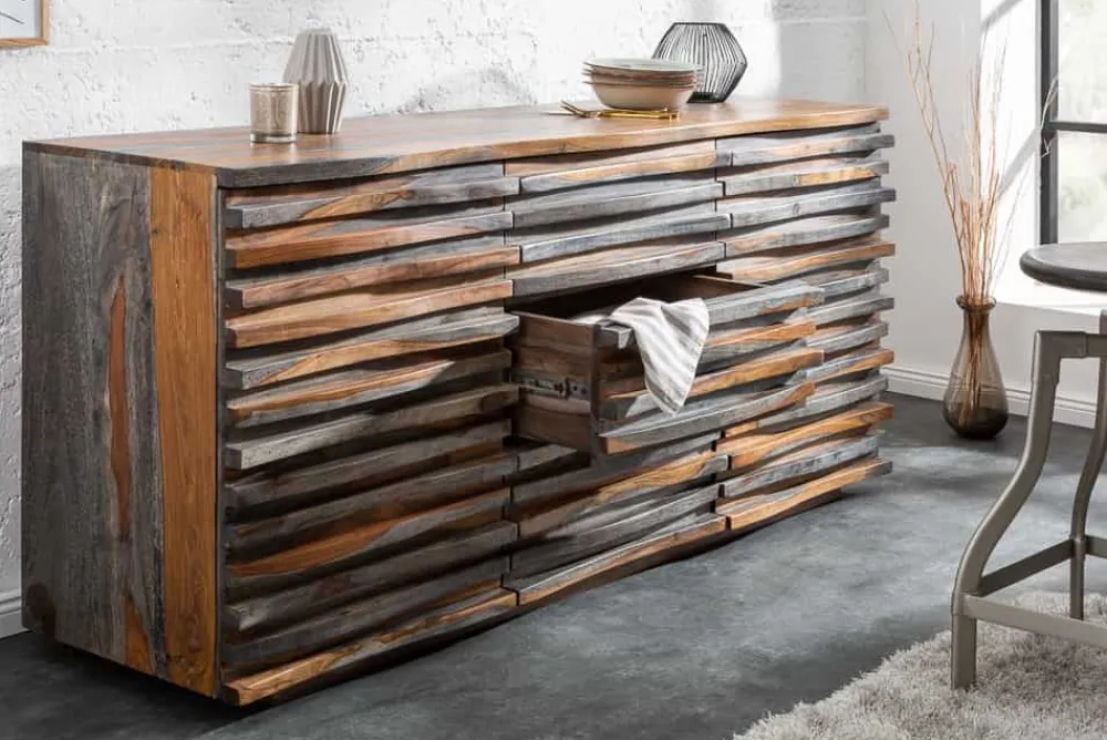 Riess-Ambiente Mehr...|Retro Möbel > Massivholz Sideboard RELIEF 160cm Sheesham grau smoke finish Kommode mit Schubladen