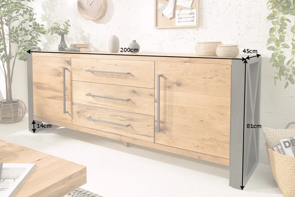 Riess-Ambiente Mehr...|Industrial Loft > Massivholz Sideboard THOR 200cm mit Schubladen natur Wildeiche geölt Metall schwarz