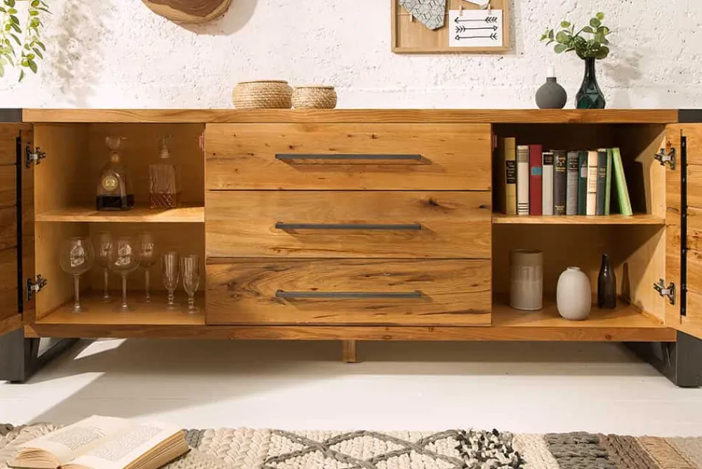 Riess-Ambiente Mehr...|Industrial Loft > Massivholz Sideboard THOR 200cm mit Schubladen natur Wildeiche geölt Metall schwarz