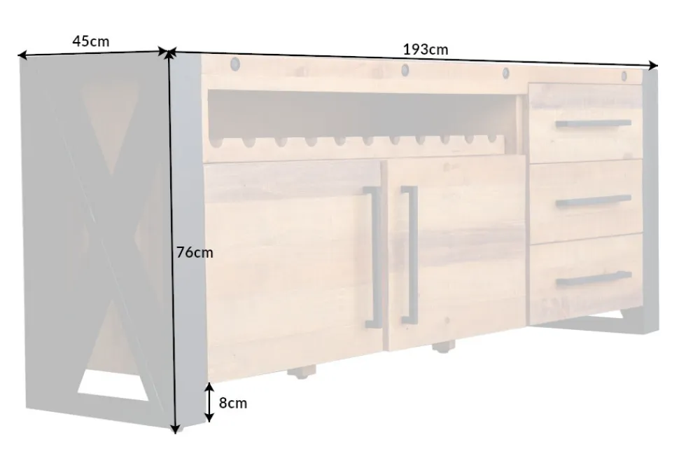 Riess-Ambiente Industrial Loft|Weinregale > Massivholz Sideboard THOR 195cm braun Pinie mit Schubladen Weinregal Industrial Design