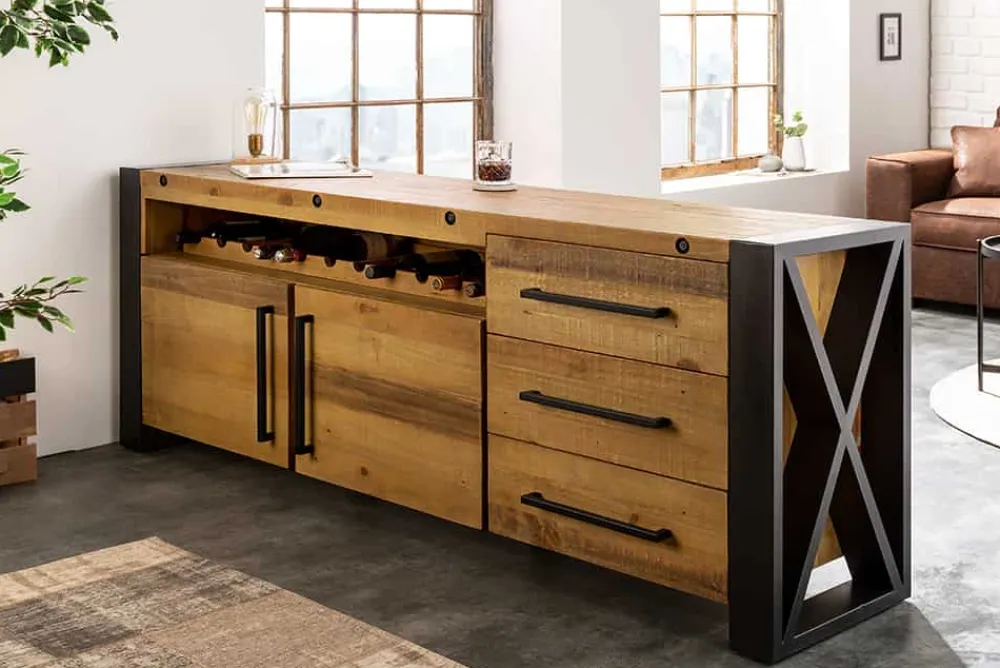 Riess-Ambiente Industrial Loft|Weinregale > Massivholz Sideboard THOR 195cm braun Pinie mit Schubladen Weinregal Industrial Design