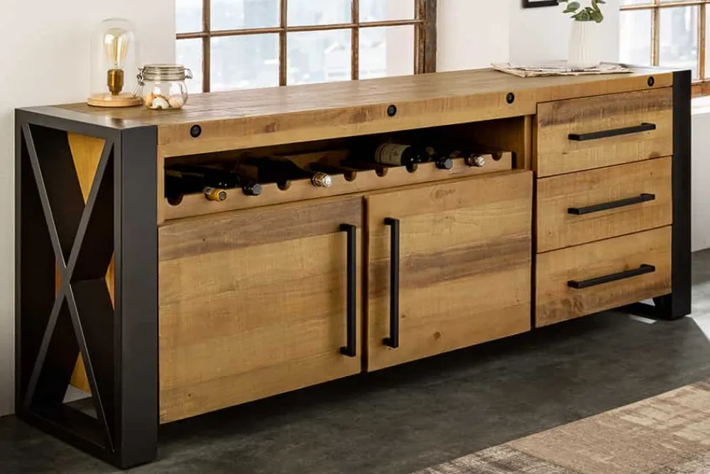 Riess-Ambiente Industrial Loft|Weinregale > Massivholz Sideboard THOR 195cm braun Pinie mit Schubladen Weinregal Industrial Design