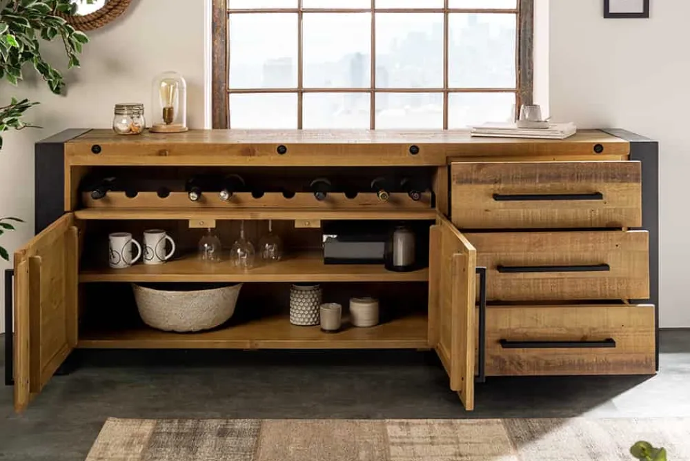 Riess-Ambiente Industrial Loft|Weinregale > Massivholz Sideboard THOR 195cm braun Pinie mit Schubladen Weinregal Industrial Design