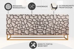 Riess-Ambiente Mehr...|Massivholzschränke > Massivholz Sideboard VULCANO 180cm weiß schwarz Mangoholz mit 3D Schnitzereien handmade Metallgestell gold