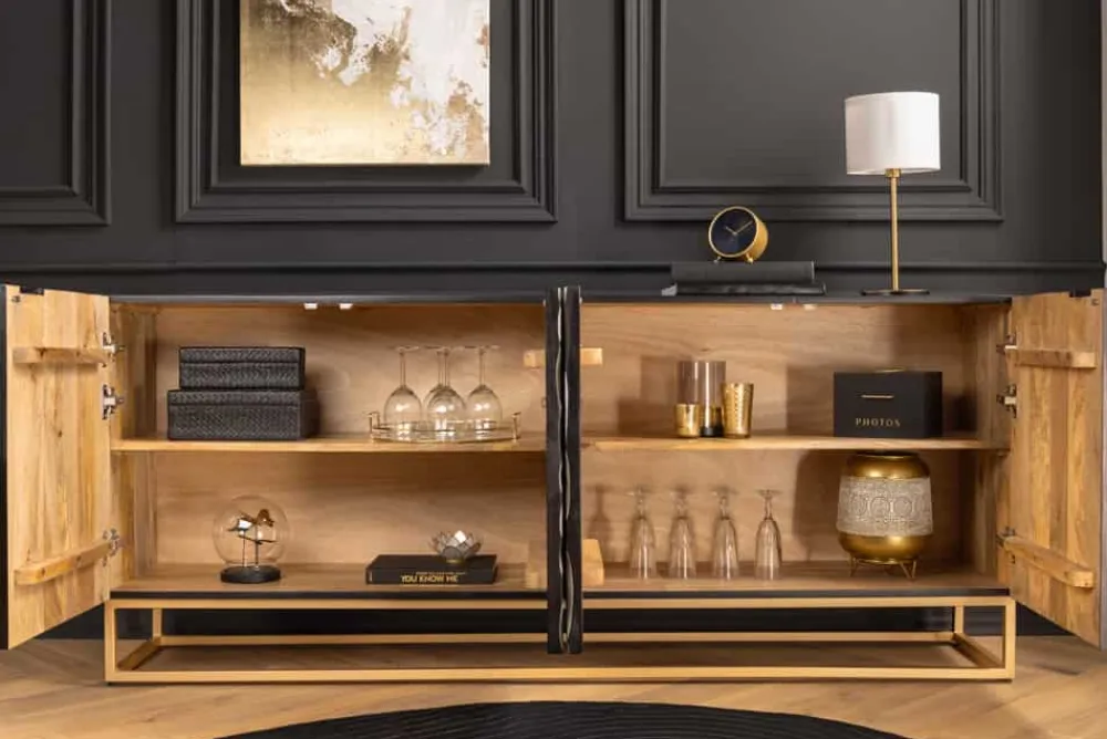 Riess-Ambiente Mehr...|Massivholzschränke > Massivholz Sideboard VULCANO 180cm weiß schwarz Mangoholz mit 3D Schnitzereien handmade Metallgestell gold