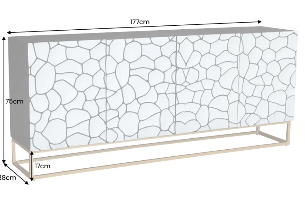 Riess-Ambiente Mehr...|Massivholzschränke > Massivholz Sideboard VULCANO 180cm weiß schwarz Mangoholz mit 3D Schnitzereien handmade Metallgestell gold