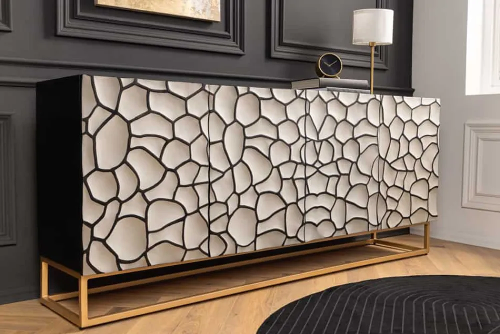Riess-Ambiente Mehr...|Massivholzschränke > Massivholz Sideboard VULCANO 180cm weiß schwarz Mangoholz mit 3D Schnitzereien handmade Metallgestell gold