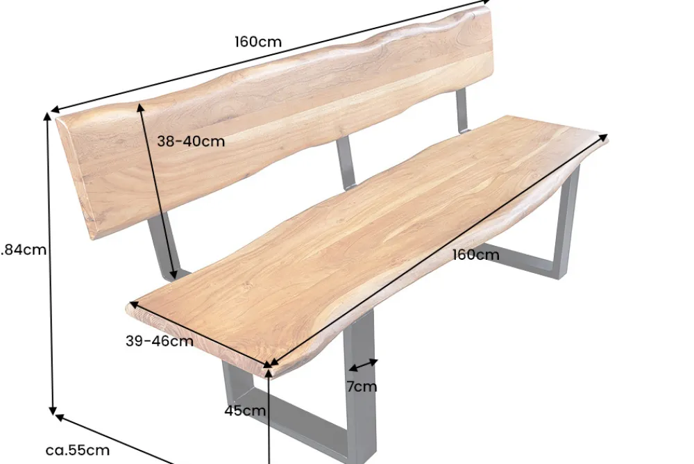 Riess-Ambiente Mehr...|Industrial Loft > Massivholz Sitzbank MAMMUT 160cm natur Akazie Baumkante mit Lehne schwarzes Metallgestell