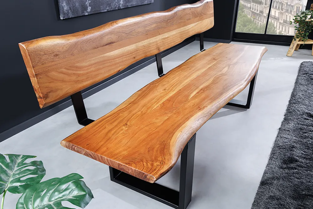 Riess-Ambiente Mehr...|Industrial Loft > Massivholz Sitzbank MAMMUT 160cm natur Akazie Baumkante mit Lehne schwarzes Metallgestell