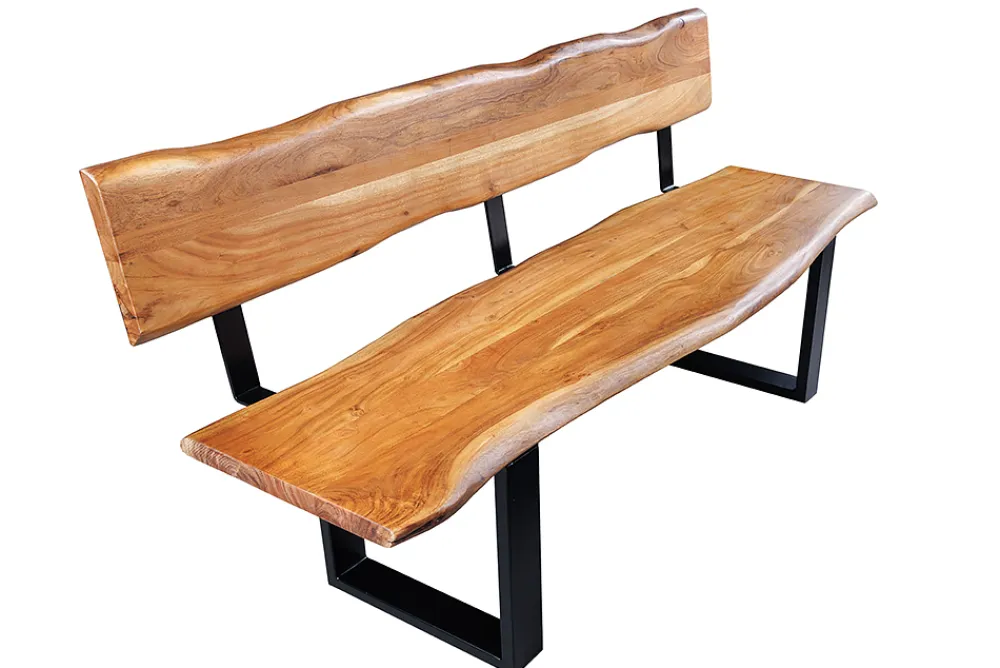 Riess-Ambiente Mehr...|Industrial Loft > Massivholz Sitzbank MAMMUT 160cm natur Akazie Baumkante mit Lehne schwarzes Metallgestell
