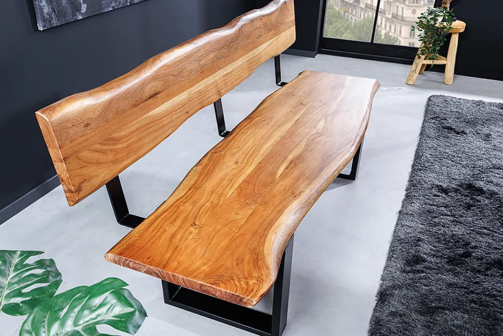Riess-Ambiente Mehr...|Industrial Loft > Massivholz Sitzbank MAMMUT 160cm natur Akazie Baumkante mit Lehne schwarzes Metallgestell