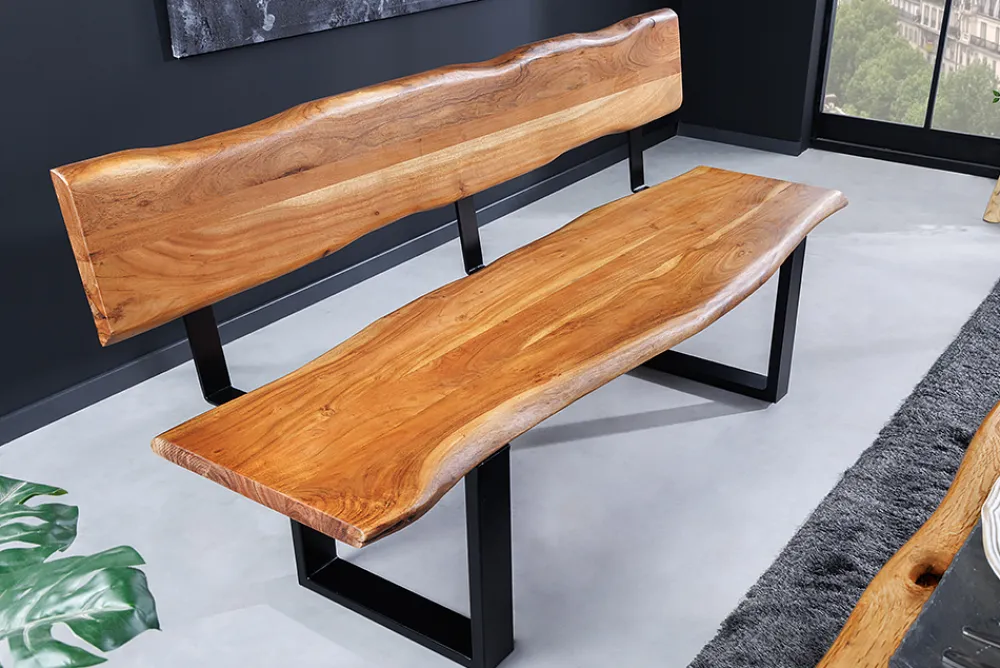 Riess-Ambiente Mehr...|Industrial Loft > Massivholz Sitzbank MAMMUT 200cm natur Akazie Baumkante mit Lehne schwarzes Metallgestell