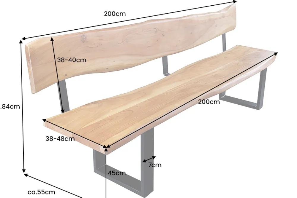 Riess-Ambiente Mehr...|Industrial Loft > Massivholz Sitzbank MAMMUT 200cm natur Akazie Baumkante mit Lehne schwarzes Metallgestell