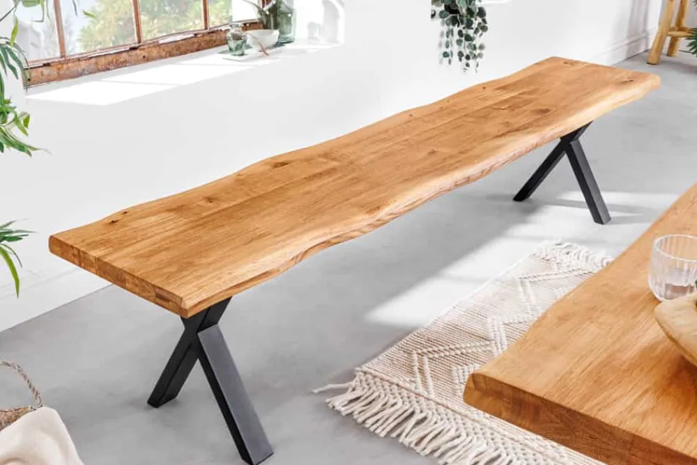 Riess-Ambiente Industrial Loft|Skandinavisch > Massivholz Sitzbank WILD OAK 160cm Eiche Baumkante X-Gestell Industrial