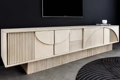 Riess-Ambiente Retro Möbel|Tv- & Lowboards > Massivholz TV-Lowboard ART DECO 200cm weiß gekälkt Mangoholz 3D-Front