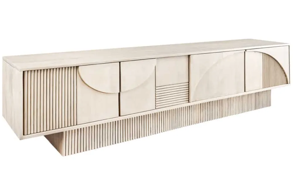 Riess-Ambiente Retro Möbel|Tv- & Lowboards > Massivholz TV-Lowboard ART DECO 200cm weiß gekälkt Mangoholz 3D-Front