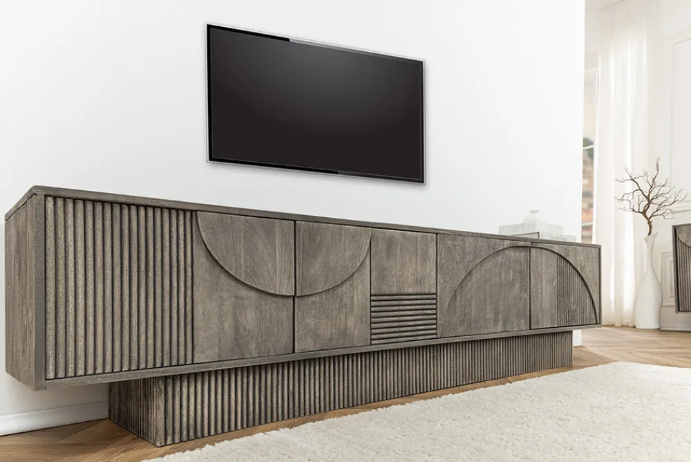 Riess-Ambiente Skandinavisch|Tv- & Lowboards > Massivholz TV-Lowboard ART DECO 200cm grau smoked Mangoholz 3D-Front