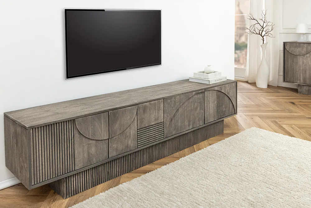 Riess-Ambiente Skandinavisch|Tv- & Lowboards > Massivholz TV-Lowboard ART DECO 200cm grau smoked Mangoholz 3D-Front