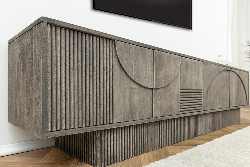 Riess-Ambiente Skandinavisch|Tv- & Lowboards > Massivholz TV-Lowboard ART DECO 200cm grau smoked Mangoholz 3D-Front