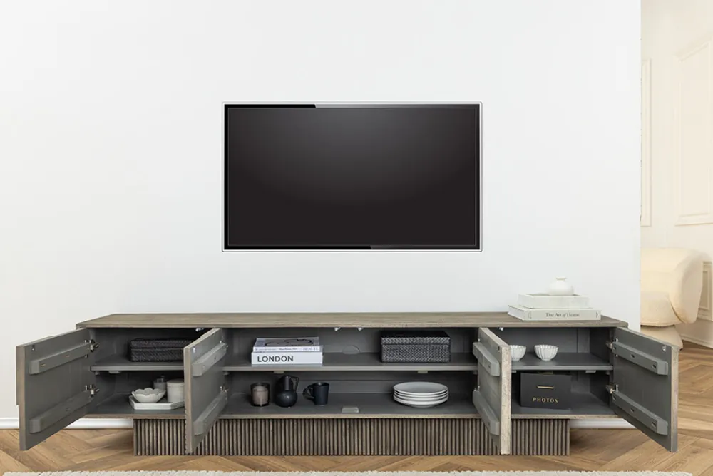 Riess-Ambiente Skandinavisch|Tv- & Lowboards > Massivholz TV-Lowboard ART DECO 200cm grau smoked Mangoholz 3D-Front