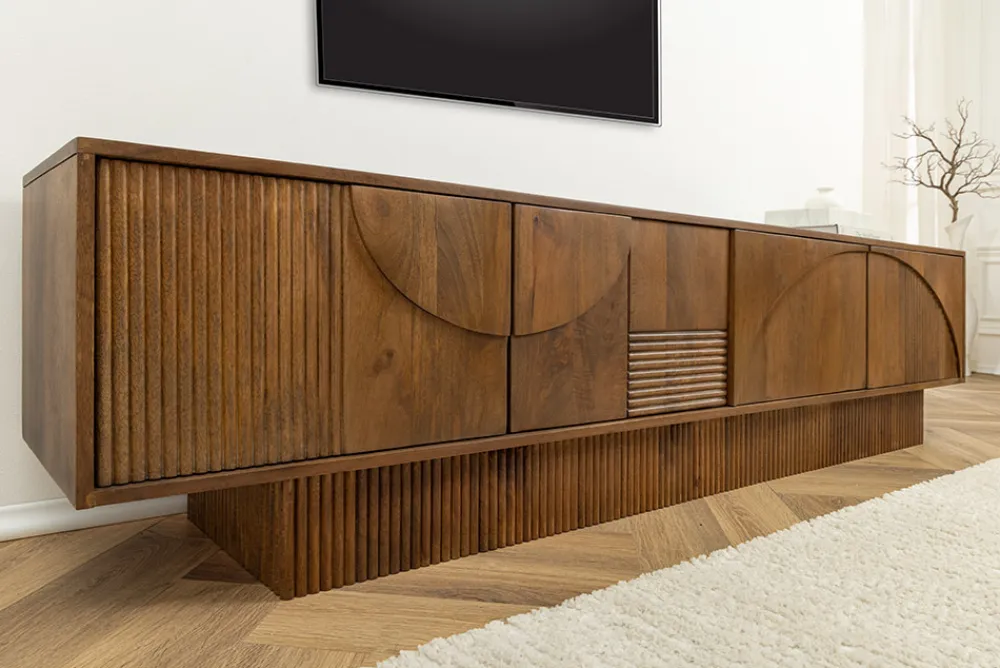 Riess-Ambiente Retro Möbel|Tv- & Lowboards > Massivholz TV-Lowboard ART DECO 200cm braun smoked Mangoholz 3D-Front