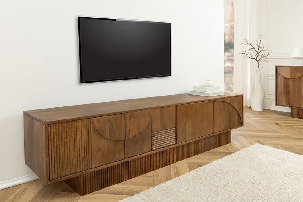 Riess-Ambiente Retro Möbel|Tv- & Lowboards > Massivholz TV-Lowboard ART DECO 200cm braun smoked Mangoholz 3D-Front